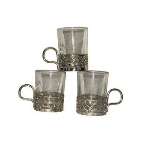 Set Of 3 Vintage mini Glass Cup With Silver-Tone Metal Holders & Handles